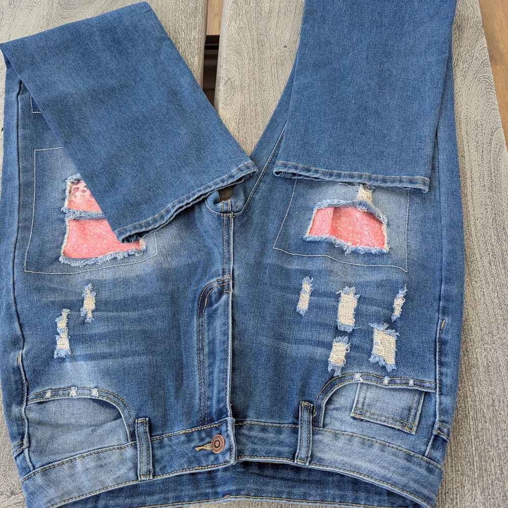 Women’s Blue Distressed Patchwork Jeans with Pink Accents Size M - Picture 5 of 16